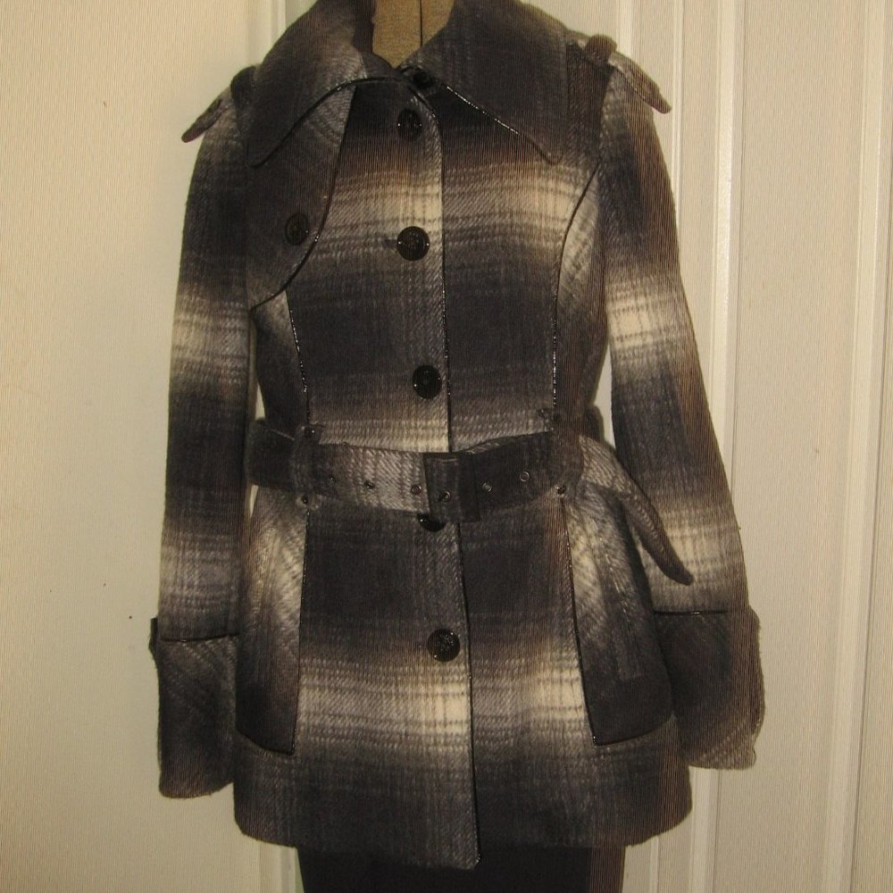 ❤️MISS SIXTY Plaid Belted Wool Blend Trench Style Pea Coat - Navy & Grey Size S